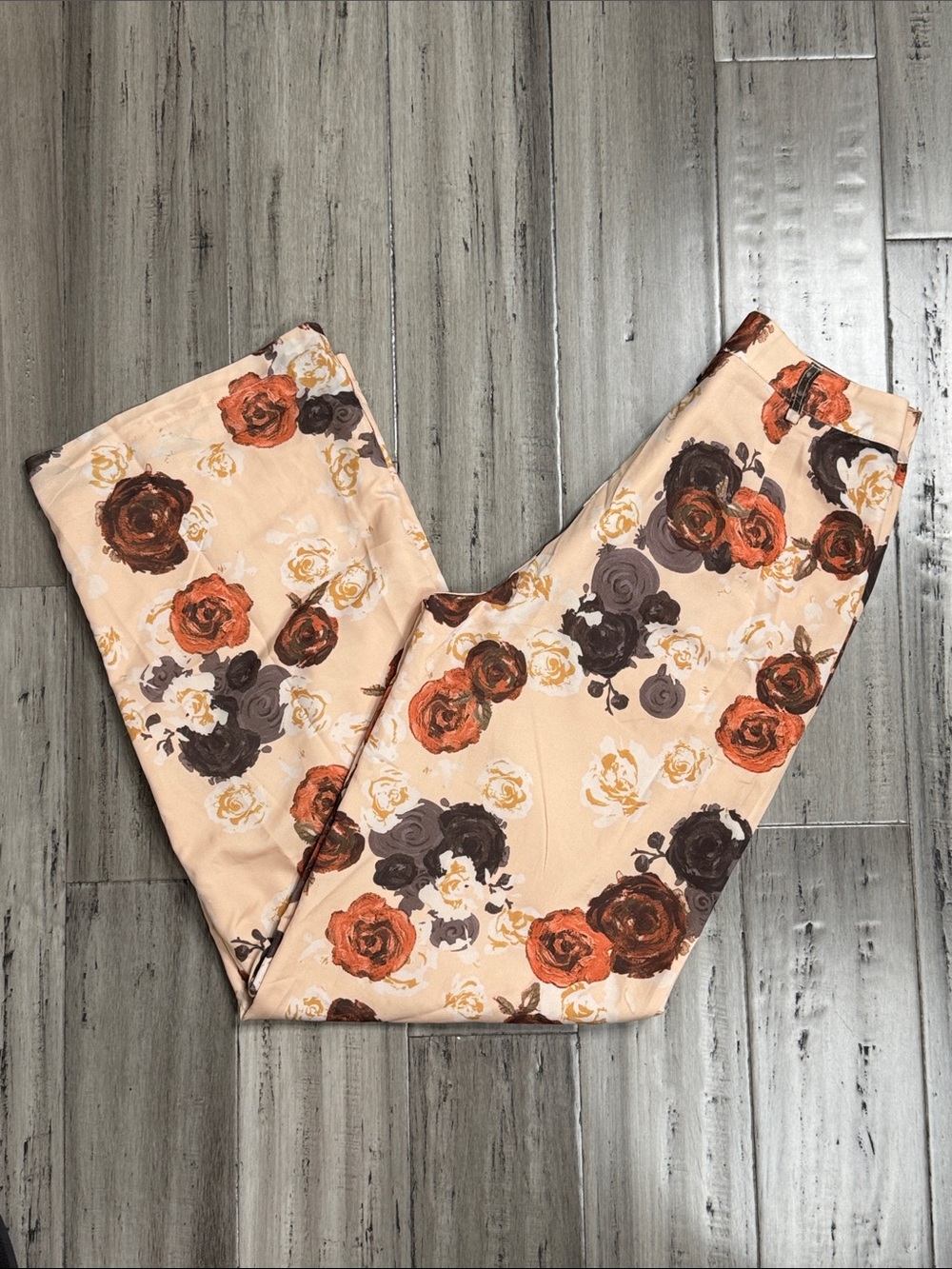 BAILEY ROSE FLORAL HIGH RISE WIDE LEG TROUSER PANTS CREAM BROWN ROSES SIZE MED - Picture 9 of 11